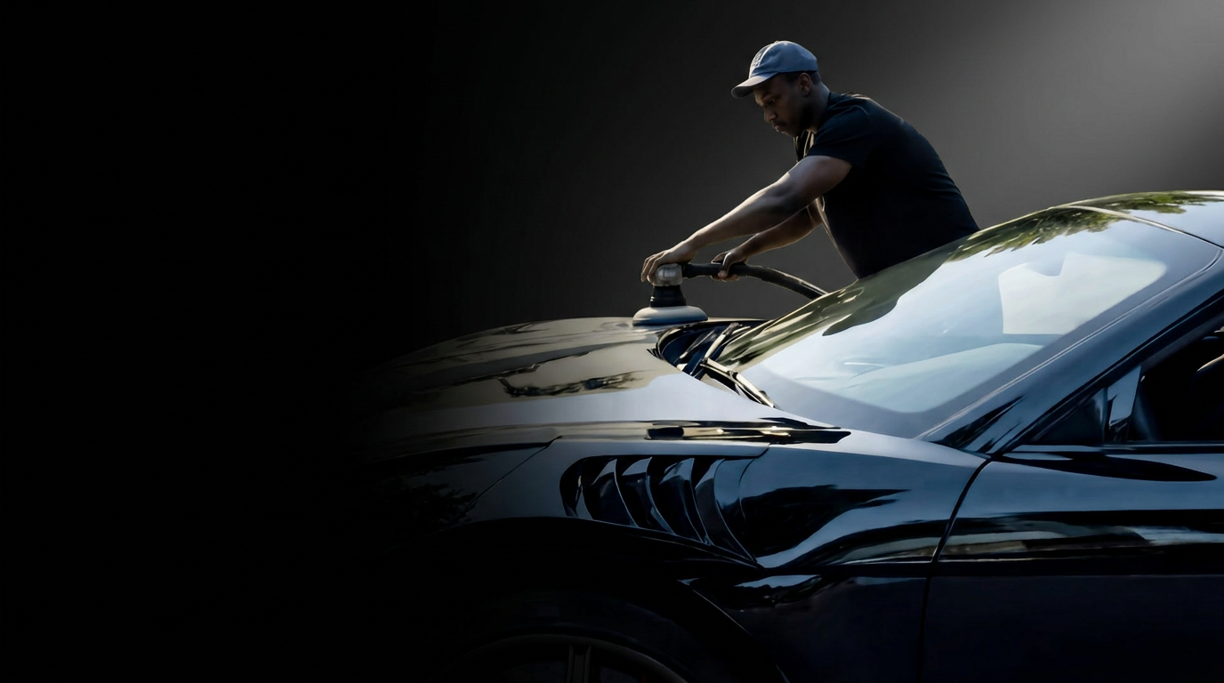 Flint mobile detailer polishing a black car in a driveway
